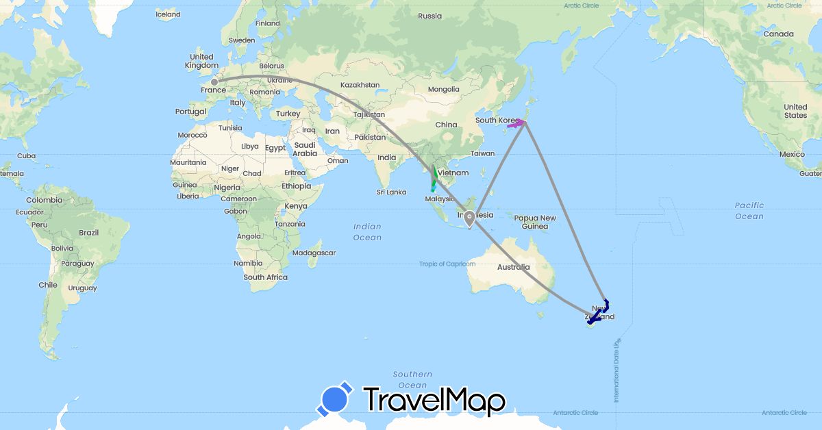 TravelMap itinerary: driving, bus, plane, train, boat in France, Indonesia, Japan, New Zealand, Thailand (Asia, Europe, Oceania)